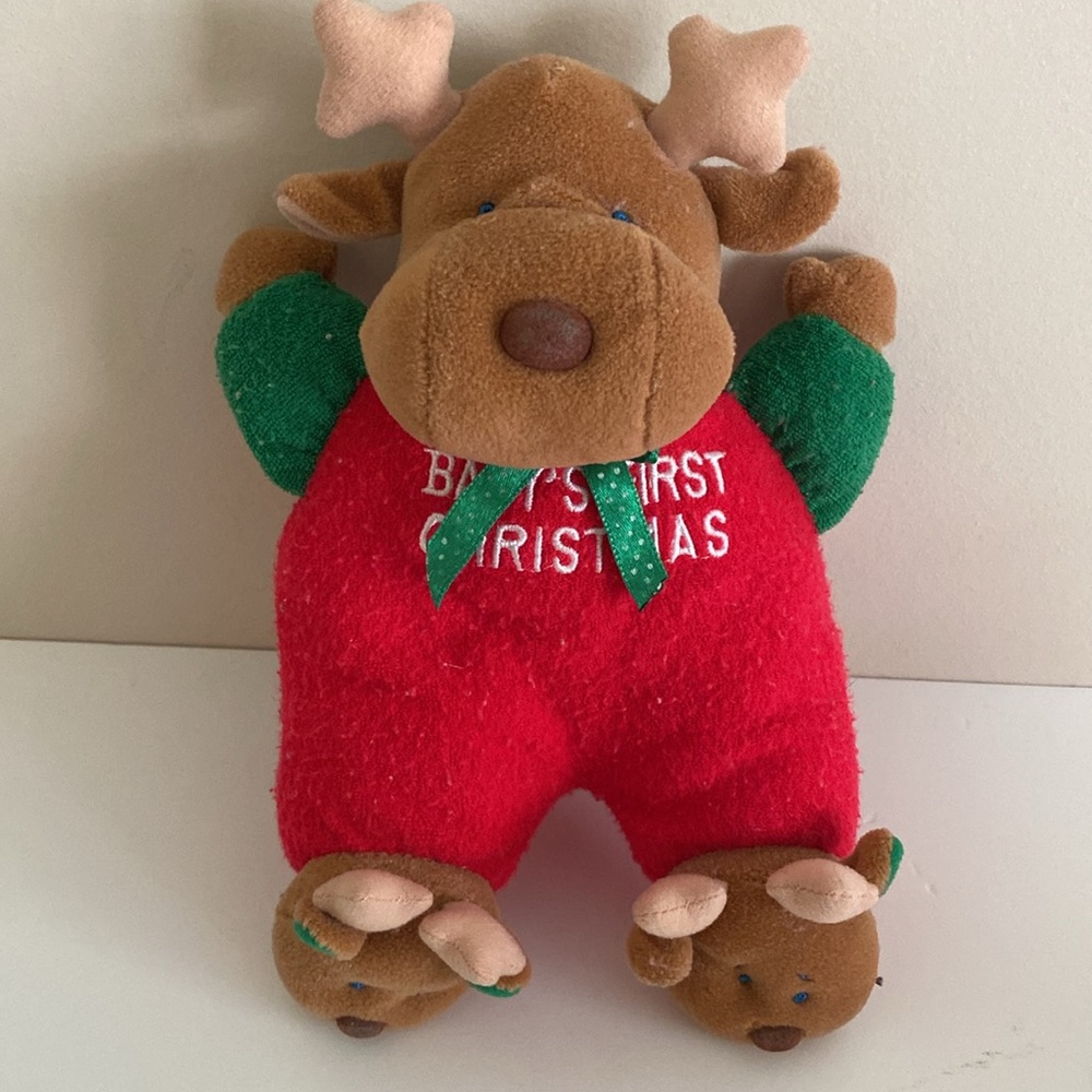 Carter's 90’s Baby’s First Christmas Red &!Green Stuffed Reindeer rattle Toy